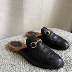 Black Fur-Lined Leather Mule Loafers with Gold Horsebit, Made in Spain, Size 8